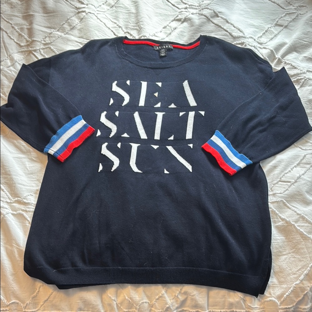 Women’s Sea Salt Sun Navy Blue Sweater with Red and Blue Accents.